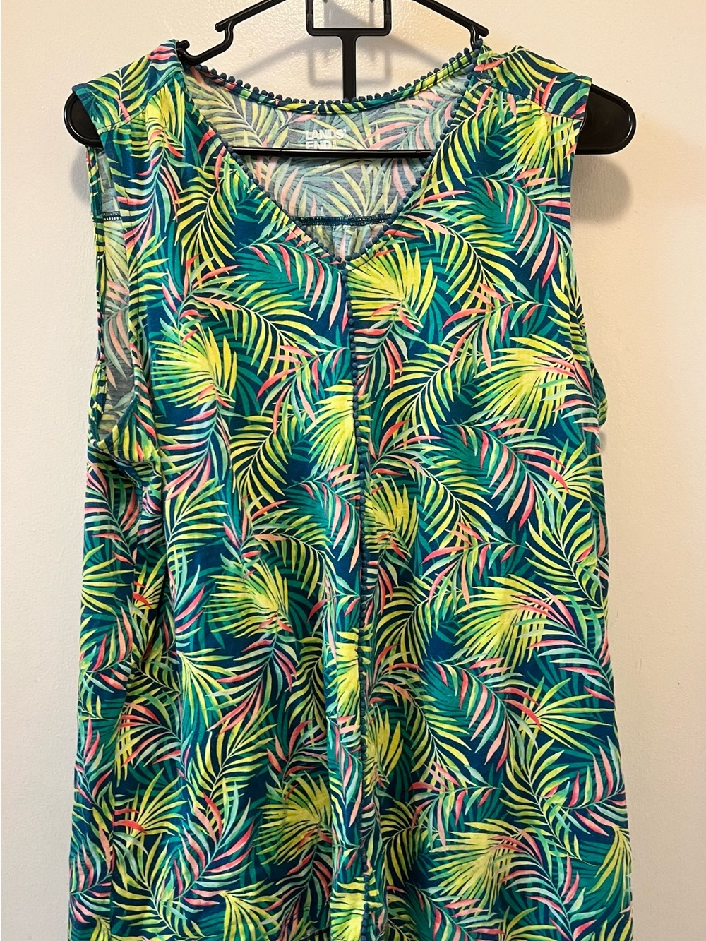 Lands' End Teal Tropical Palm V-Neck Tank with Yellow & Pink Accents